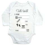 Baby birth announcement Baby announcement Personalised baby onesie Personalised baby grow suit Hello world White baby coverall Personalised baby coverall Baby arrival Hospital bag What do i pack in my hospital bag Birth announcement Baby arrival Baby announcement outfit Baby first outfit Baby hospital Baby hospital outfit 
