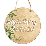 Printed Sign Plaques - Green Leaves with twine hanging and white acrylic text