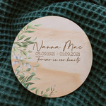 Printed Sign Plaques - Green Leaves on timber with engraved text no hanging, Room Plaque, Nursery Decor, Name Plaque, Event Sign, Announcement Plaque, Birth Announcement, Baby Announcement