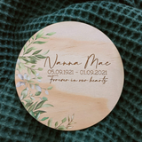 Printed Sign Plaques - Green Leaves on timber with engraved text no hanging, Room Plaque, Nursery Decor, Name Plaque, Event Sign, Announcement Plaque, Birth Announcement, Baby Announcement